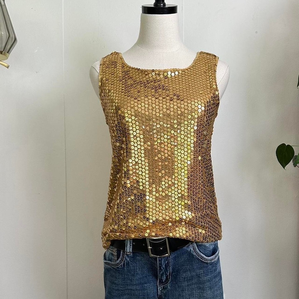Michelle Antonelli Gold Sequin Tank Top Y2K Mesh Lined Sleeveless Small